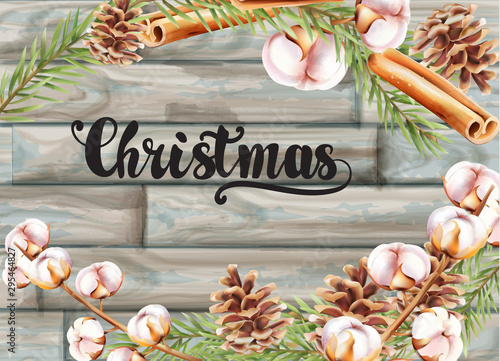 Christmas greeting card with orange, gingerbread cookies, stocking, fir tree ...