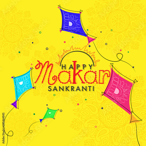 Happy Makar Sankranti greeting card design with doodle illustration of flying kites on yellow floral background.