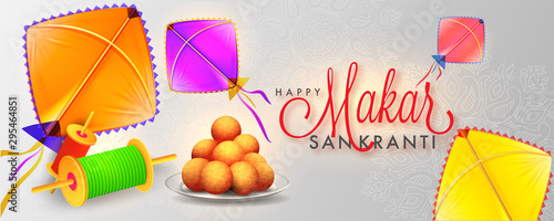 Website header or banner design with illustration of Indian dessert, colorful kites and spool for Makar Sankranti festival.