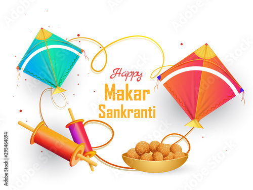 Happy Makar Sankranti greeting card design decorated with kites, shiny spool and Indian sweets on white background.