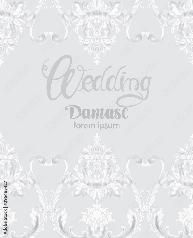 Wedding greeting card with rococo texture pattern. Floral ornament decoration. Victorian engraved retro design. Vintage grunge fabric decors. Luxury fabrics. Vector