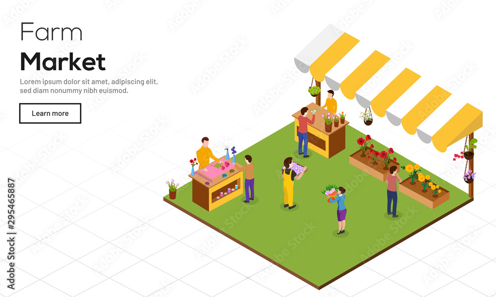 Farm Marketing concept, isometric illustration of nursery on grid background. Responsive web template design.