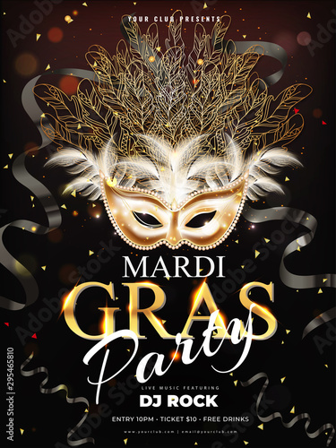 Fototapet Realistic party mask illustration with shiny text mardi gras and ribbons for carnival party flyer design