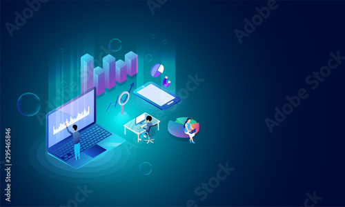 Isometric illustration of man analysis data on laptop, smartphone with infographic element on blue background. Can be used as web banner.