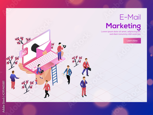 E-mail Marketing concept based landing page design, isometric illustration of laptop with mail, advertising way to attract people to providing best deals and offers. © Abdul Qaiyoom