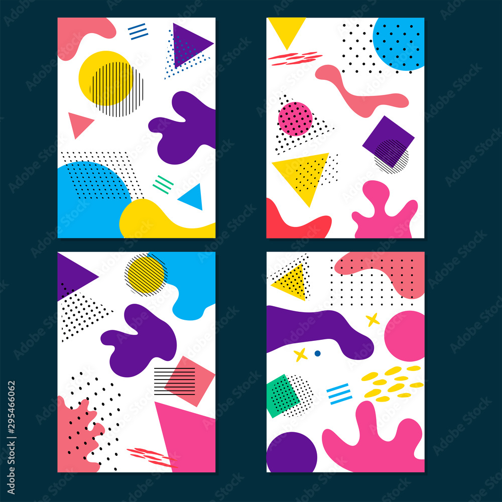Colorful fluid art abstract background with geometric elements in four option. Can be used as template or flyer design.