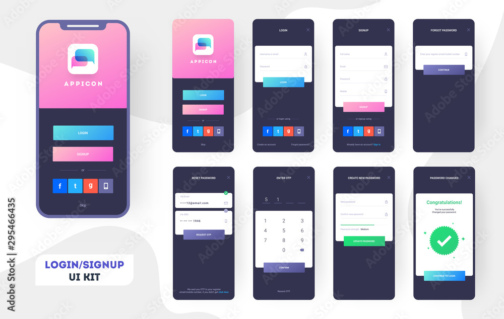 Mobile App UI or UX design with different login screens including application Create account, Sign in, Sign up, Check your email, Reset password.