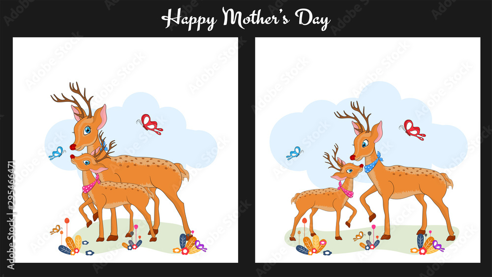 Happy Mother's Day Celebration concept greeting card design with illustration of cute animal deer with her baby fawn. Happy Mother's Day Celebration concept greeting card design with illustration of cute animal deer with her baby fawn.
