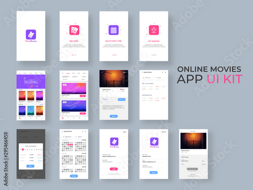 Online Movie App UI Kit for responsive mobile app or website with different GUI layout including Login, Create Account, Profile and Notification screens.