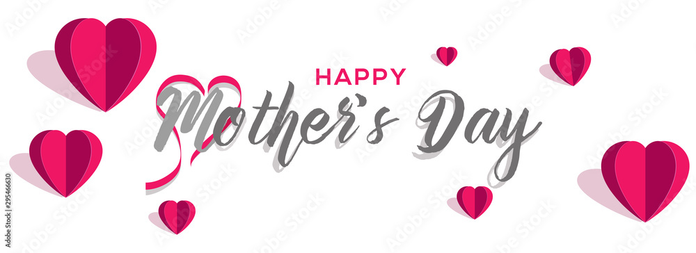 Paper heart balloons with stylish text of Mother's Day on white background. elegant header banner or poster design for Happy Mother's Day celebration.