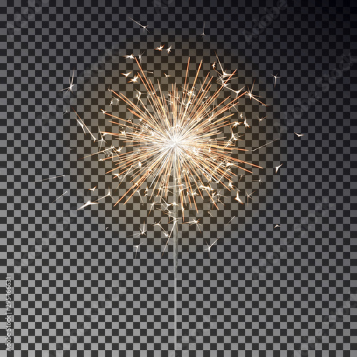 Bengal fire. New year sparkler candle isolated on black background. Realistic vector light effect. Party backdrop. Sparkler vector firework. Magic light. Winter Xmas decoration illustration