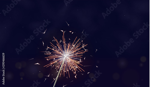 Bengal fire on night sky . New year sparkler candle with stars and blur light isolated . Realistic vector light effect. Party backdrop. Sparkler vector firework. Winter Xmas decoration illustration