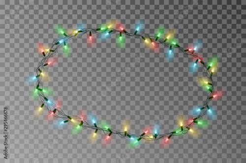 Christmas lights oval border vector, light string frame isolated on background with copy space. Transparent decorative garland. Xmas light roun border effect. Holiday decor. Vector illustration