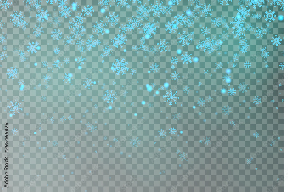 Christmas falling blue snow vector isolated on dark background. Snowflake transparent decoration effect. Xmas snow flake pattern. Magic white snowfall texture. Winter snowstorm backdrop illustration