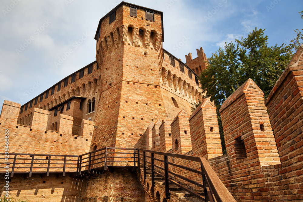 view of towers of medieval Gradara castle in Marches region of Italy