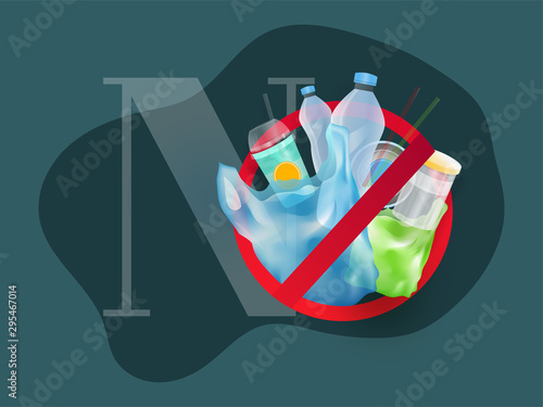 No using plastic such as polythene and bottle on green background for Stop Plastic Pollution.