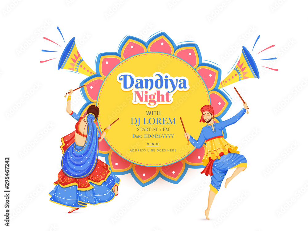 Creative Dandiya Night DJ party banner or poster design, illustration of couple dancing with dandiya stick on floral background, date, time and event detail.