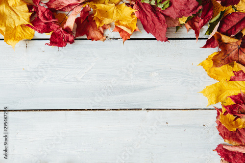 Autumn background of fall leaves on the wooden board. View from above. Top view. Copy space for text and design