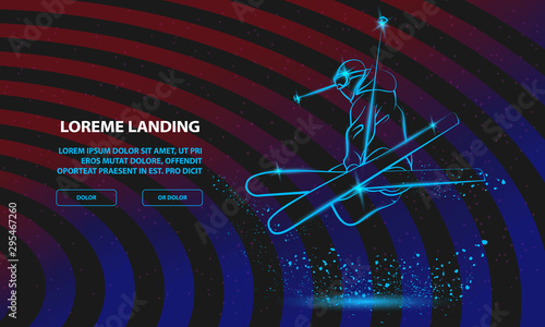 Skiing freestyle athlete in fly position with cross skis figure. Vector Sport Background for Landing Page Template.