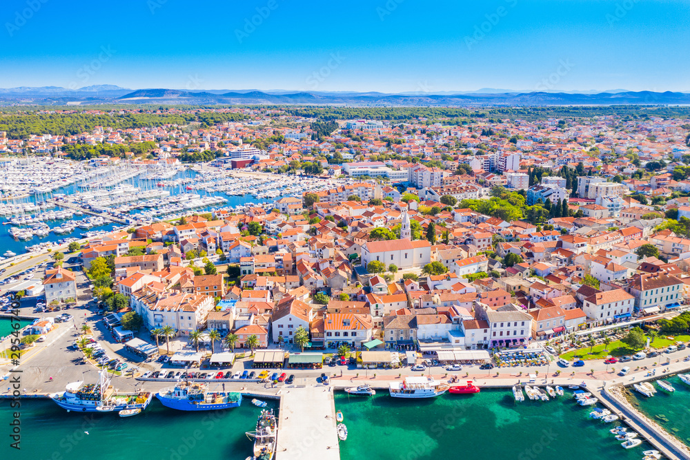 Fototapeta premium Croatia, Adriatic sea, town of Biograd na Moru, aerial view of marina and historic old town center