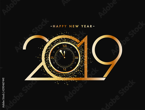 New Year celebration concept, golden text 2019 with glittering effect watch on black background.