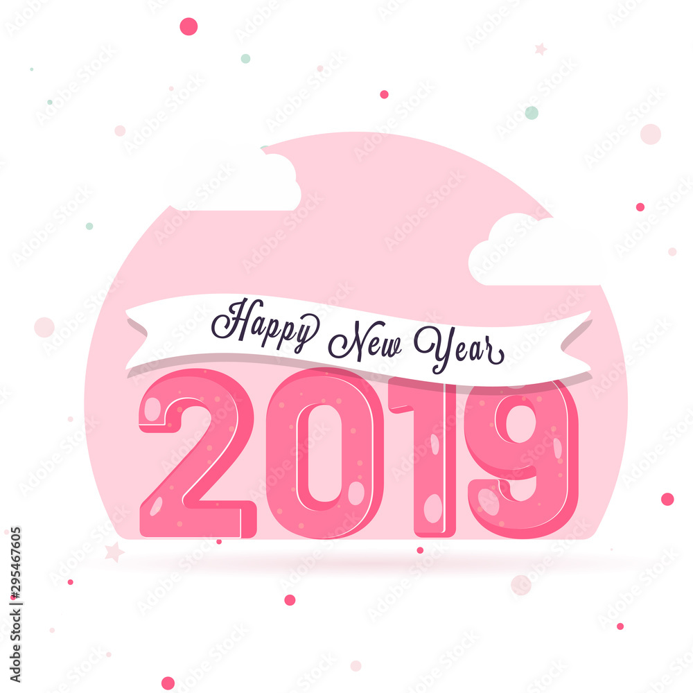 Happy New Year greeting card design with lettering of 2019 on abstract white background.