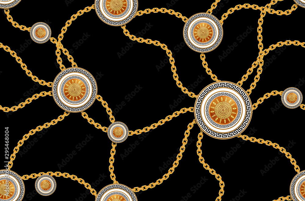 Vinttage Seamless Fashion Pattern of Golden Chains and versace motif  isolated on black background. Fabric Design Background with Chain.  Illustration Stock | Adobe Stock