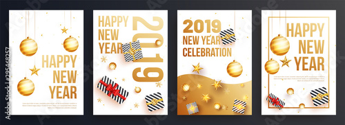 Set of Happy New Year template or flyer design for 2019 party celebration.