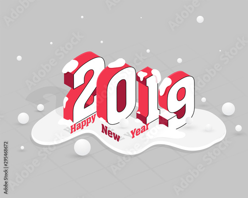 Isometric snowy text 2019 on gray background for New Year celebration.