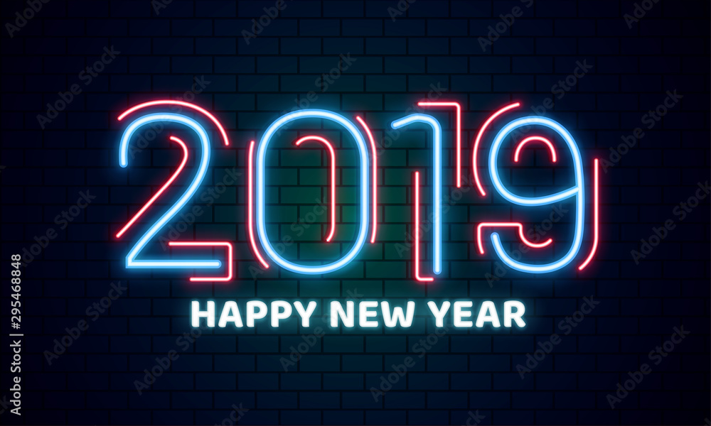Neon text 2019 Happy New Year on brick wall background can be used as poster or banner design.