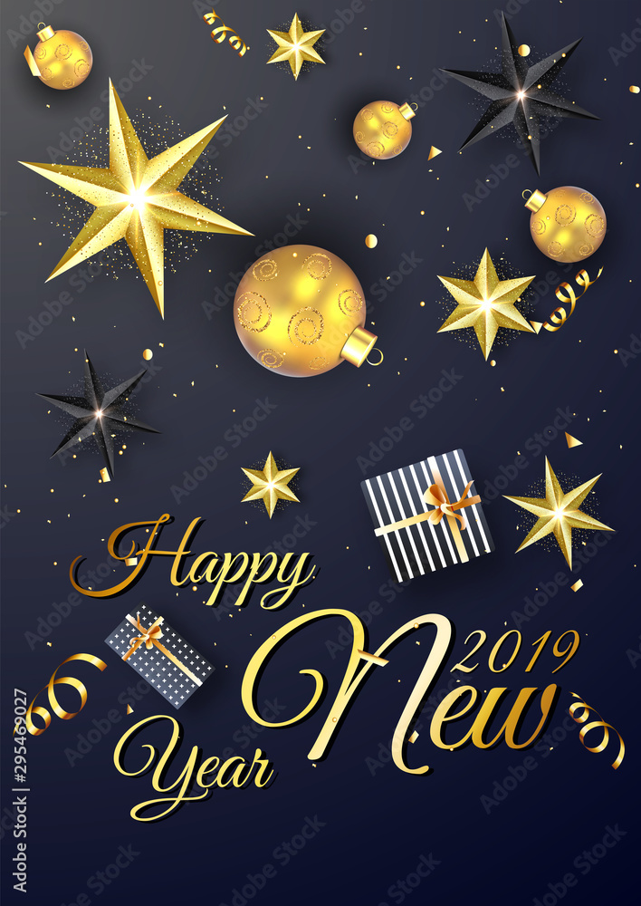 Stylish calligraphy of Happy New Year 2019 decorated with glowing stars, baubles and gift boxes on blue background. Stylish calligraphy of Happy New Year 2019 decorated with glowing stars, baubles and gift boxes on blue background.