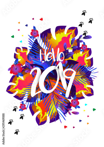 Hello 2019 text on colorful tropical leaves decorated white background for New Year celebration greeting card design.