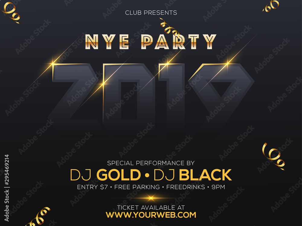 Obraz premium New Year party template or poster design with time, date and venue details.