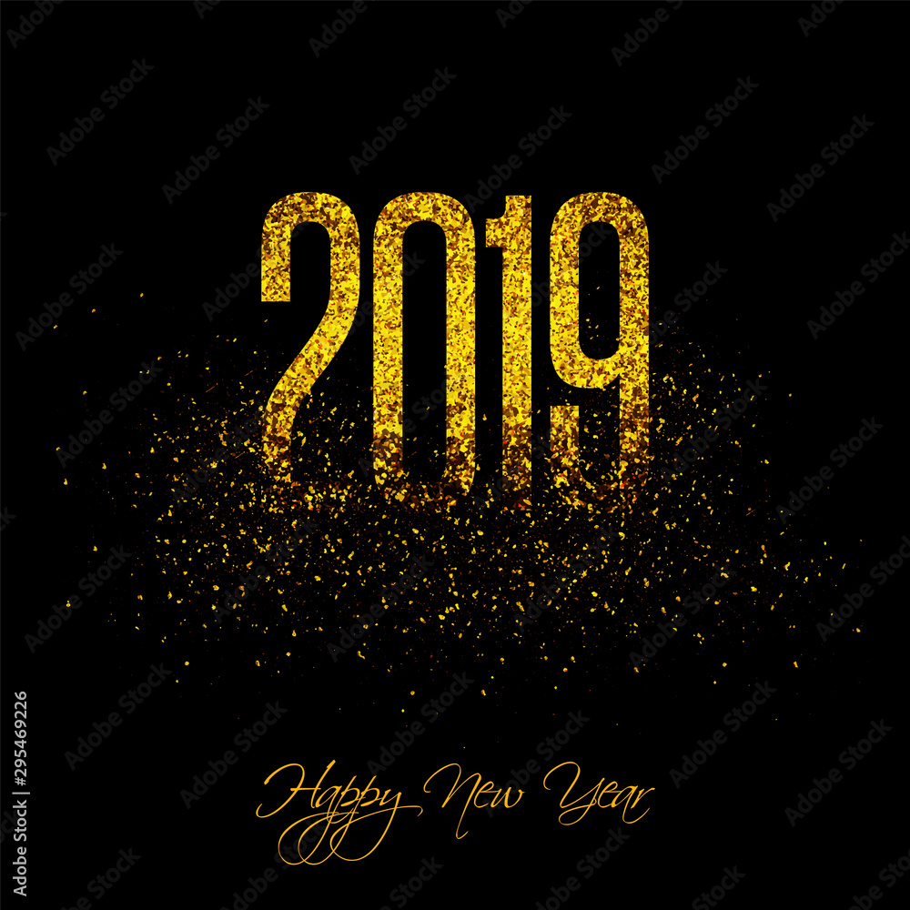Golden sparkle text 2019 on black background. Can be used as New Year greeting card design.