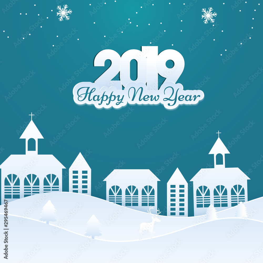 Paper cut style winter landscape on glossy green background with text 2019 for New Year celebration greeting card design.