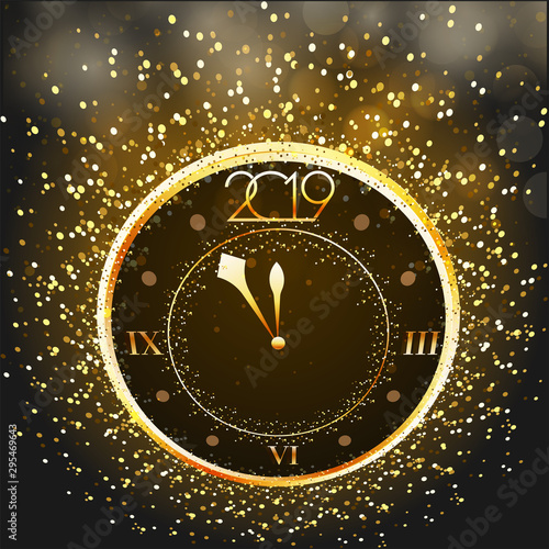 Happy New Year 2019 celebration background with Glittering wall clock. Can be used as greeting card design.