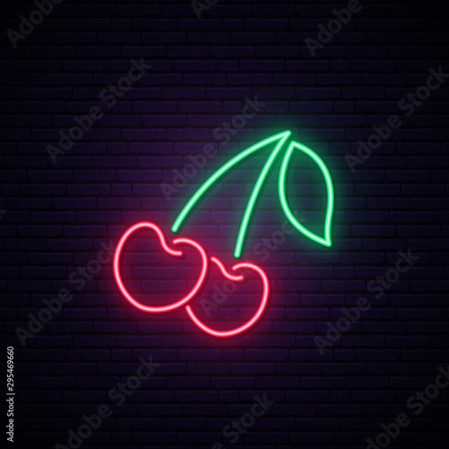 Neon Red Cherries sign. Bright cherry emblem. Vector illustration.