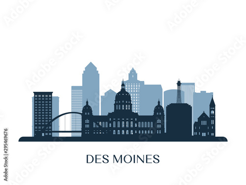 Des moines skyline, monochrome silhouette. Vector illustration. photo