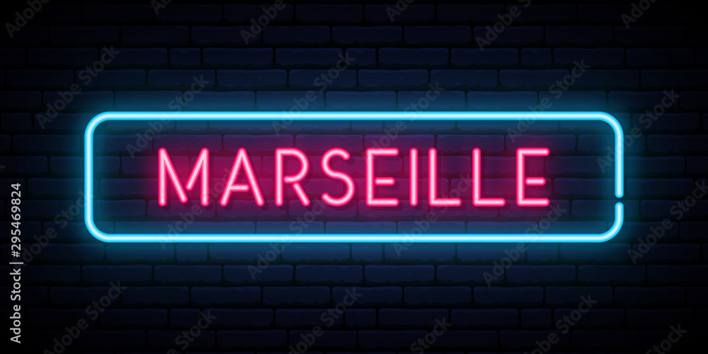 Marseille neon sign. Bright light signboard. Vector banner.