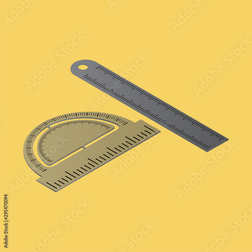 3D protractor with ruler scale on yellow background.