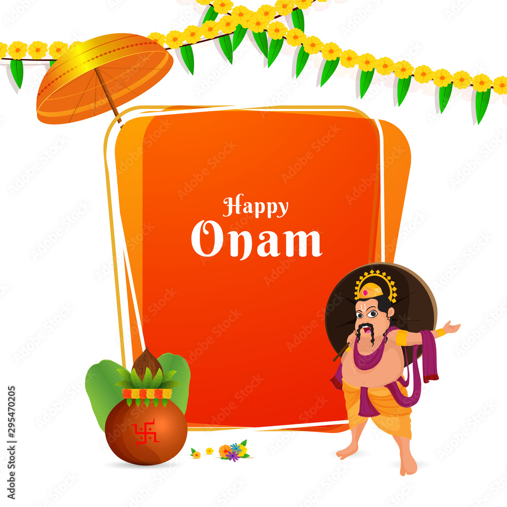 Happy Onam festival background with illustration of King Mahabali,  Traditional Umbrella and Worship Pot (Kalash) for celebration concept.  Stock Vector | Adobe Stock