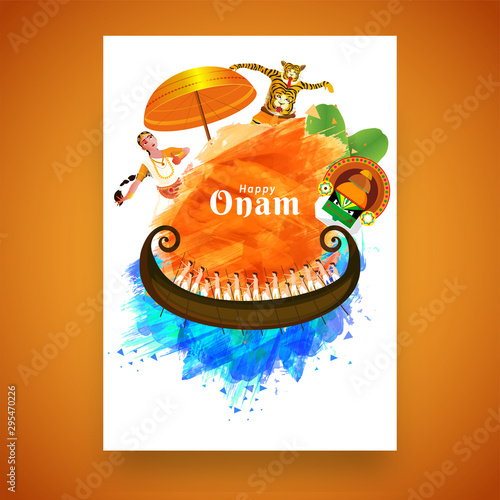 South Indian festival Happy Onam Greeting Card design with illustration of Snake boat, Different Traditional Dance Form of Kerala and Golden Umbrella for celebration concept. photo