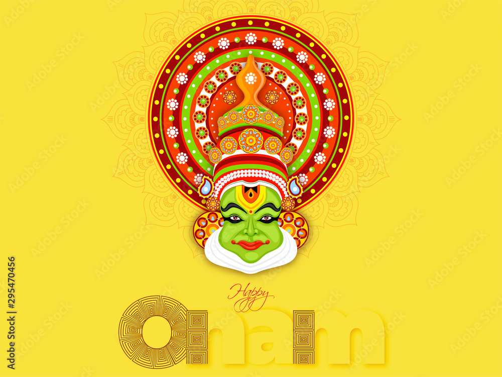 Stylish text Happy Onam and illustration of Kathakali Dancer face on yellow  background for Festival celebration concept. Can be used as banner or  poster design. Stock Vector | Adobe Stock