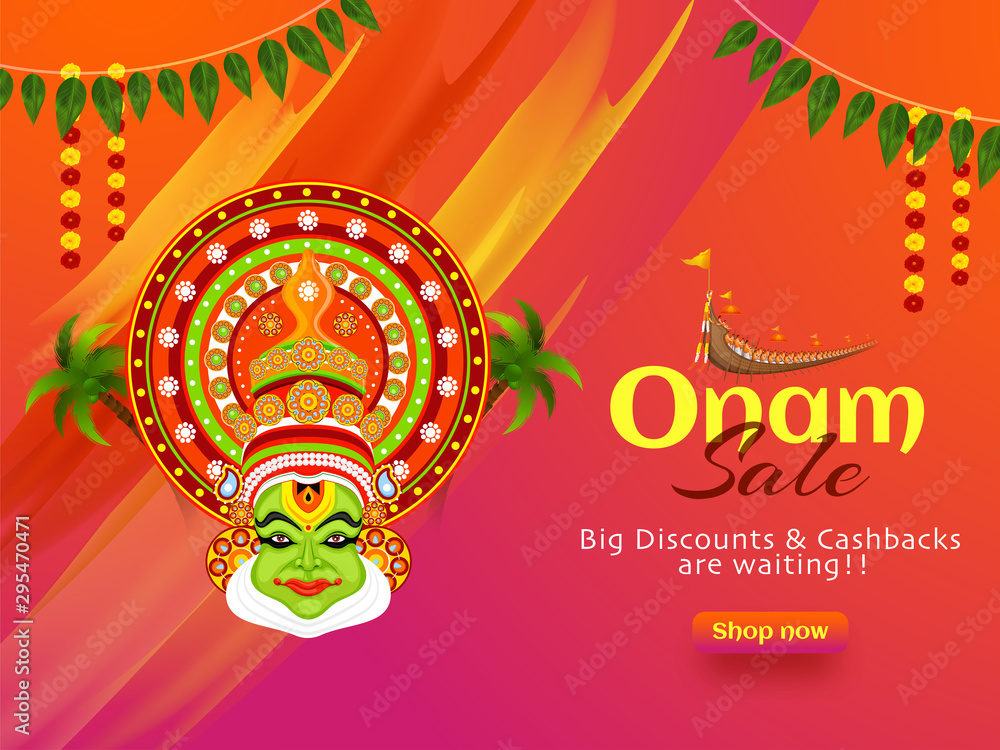 Happy Onam Sale poster or banner design with Big discount & Cashback offer and illustration of Kathakali dancer face on abstract background decorated with floral garland (toran).