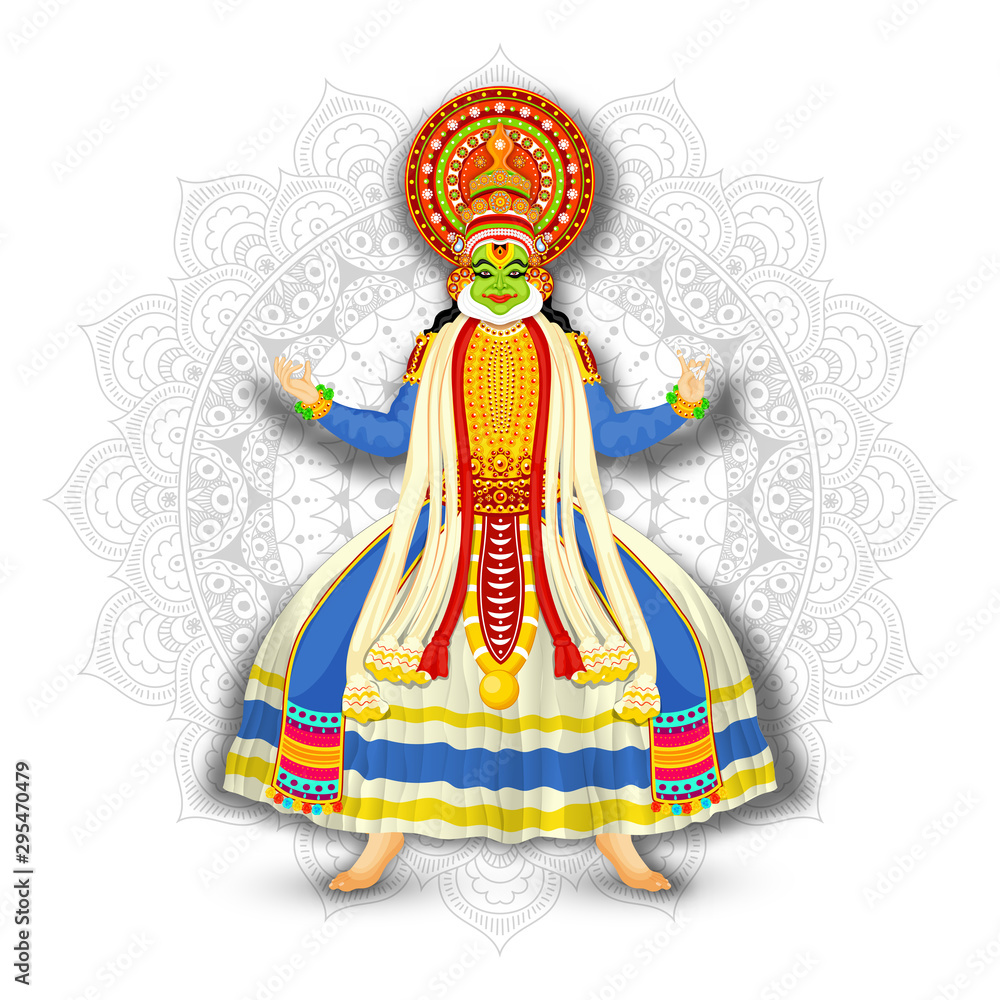 Illustration of Kathakali Dancer on white mandala pattern background.