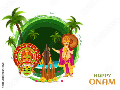 Happy Onam poster or banner design with illustration of Kathakali dancer face  King Mahabali and Thrikkakara Appan on green circular abstract background.