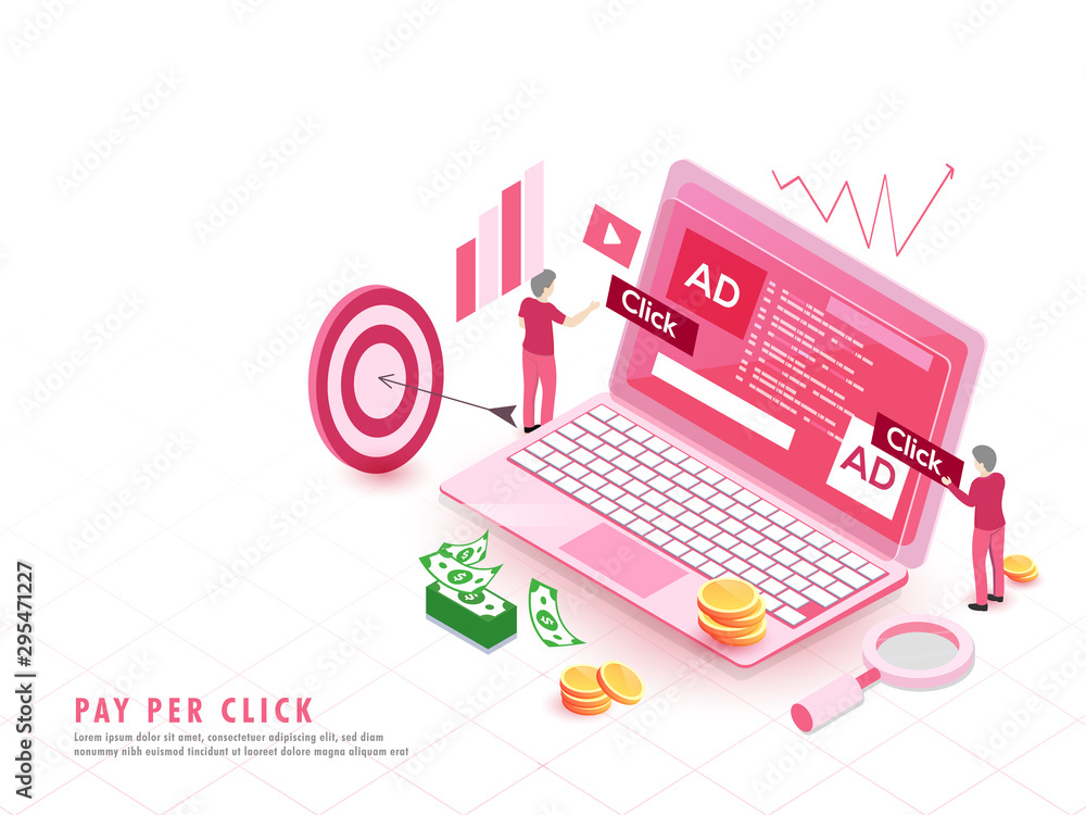 Pay Per Click concept based isometric design with illustration of laptop with business people or customer purchasing or making online payment.