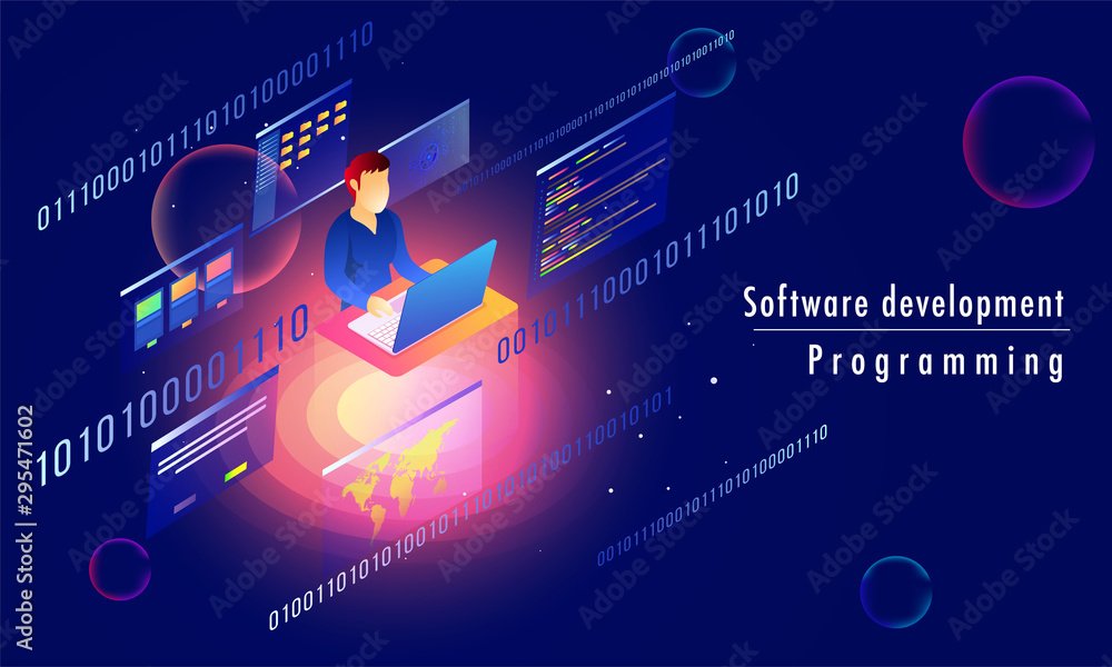 3D isometric illustration of analyst or developer working on laptop ...