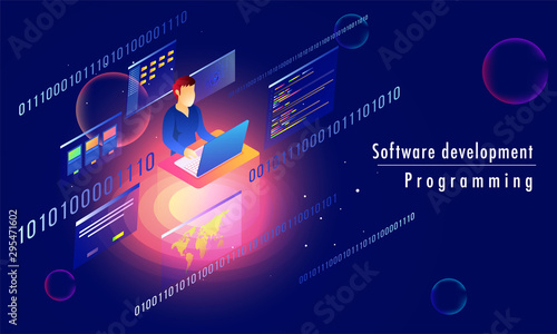 3D isometric illustration of analyst or developer working on laptop with multiple screens on blue abstract background for Software development programming responsive landing page.