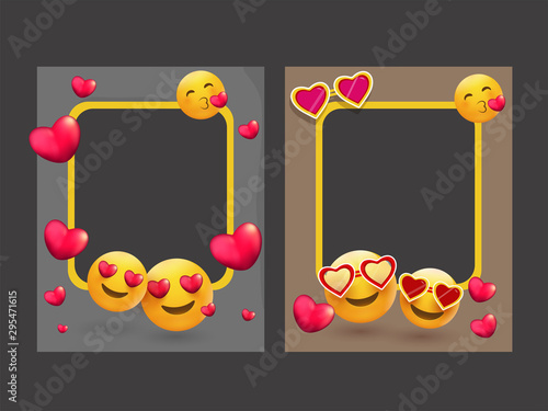Photo frames decorated with different emoji and heart shapes.